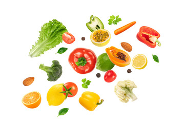 Falling of fruits and vegetables collection isolated on white background