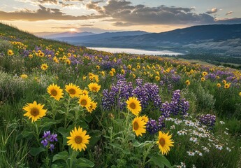 Obraz premium Vibrant Sunflower and Wildflower Field at Sunset Overlooking Lake with Breathtaking Mountain Landscape in Background
