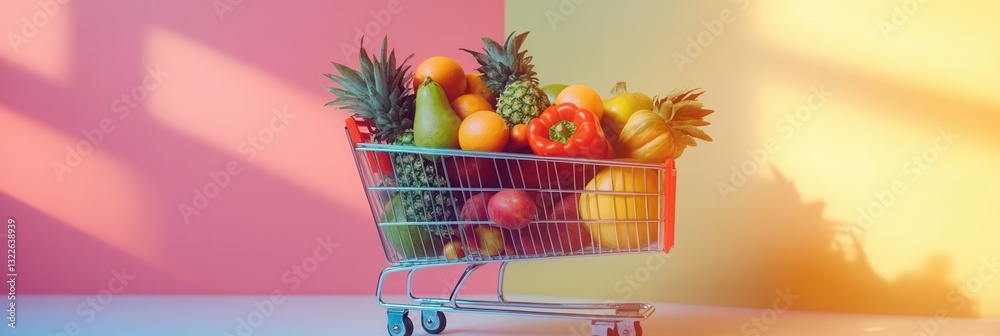 Aufkleber modern shopping cart filled with colorful fruits and vegetables in a bright and minimalistic setting