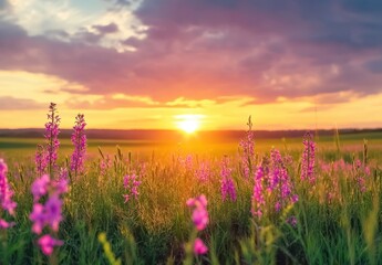 Naklejka premium Vibrant Sunset Over a Field of Purple Wildflowers with Dramatic Clouds and Golden Horizon in Serene Nature Setting