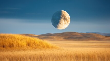 The bright crescent moon hung low in the night sky, casting a soft, silver glow over the still landscape below.