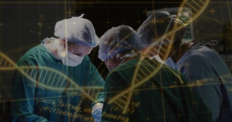 Surgeons performing operation with DNA strand and data processing animation overlay - Powered by Adobe