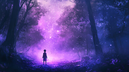 Fototapeta premium Enchanted forest: child mesmerized by glowing purple mist under starry night sky. Luminous Mist. Illustration