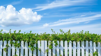 White Picket Fence with Green Foliage Under a Blue Sky