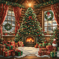 Fototapeta premium A cozy cabin with a large Christmas tree in the center