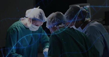 In operating room, surgeons focusing with DNA strand animation overlay - Powered by Adobe