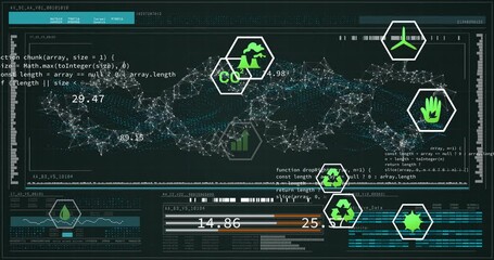 Animation of digital interface with sustainability icons and environmental data in network - Powered by Adobe