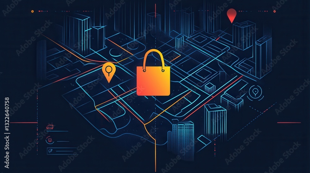Fototapete delivery route map with grocery bag icon and location pins for efficient shopping and delivery servi