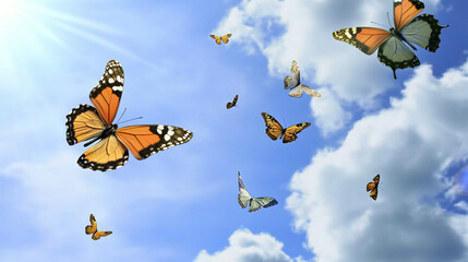 Butterflies gracefully flying in sunny sky with clouds