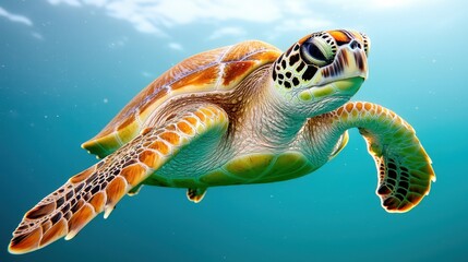 Obraz premium The image shows a vibrant green sea turtle gracefully swimming through clear blue water, its intricate shell pattern standing out against the white background.