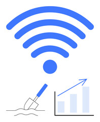 Large wireless signal above a shovel digging and an upward-trending graph. Ideal for technology, connectivity, innovation, data growth, infrastructure, groundwork, business advancement. Flat simple