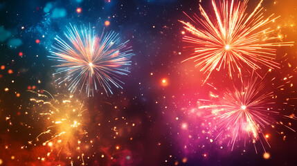 Fototapeta premium Firework bursts into colorful sparks against a starry night sky, celestial show, vibrant colors. Celestial Sparks. Illustration