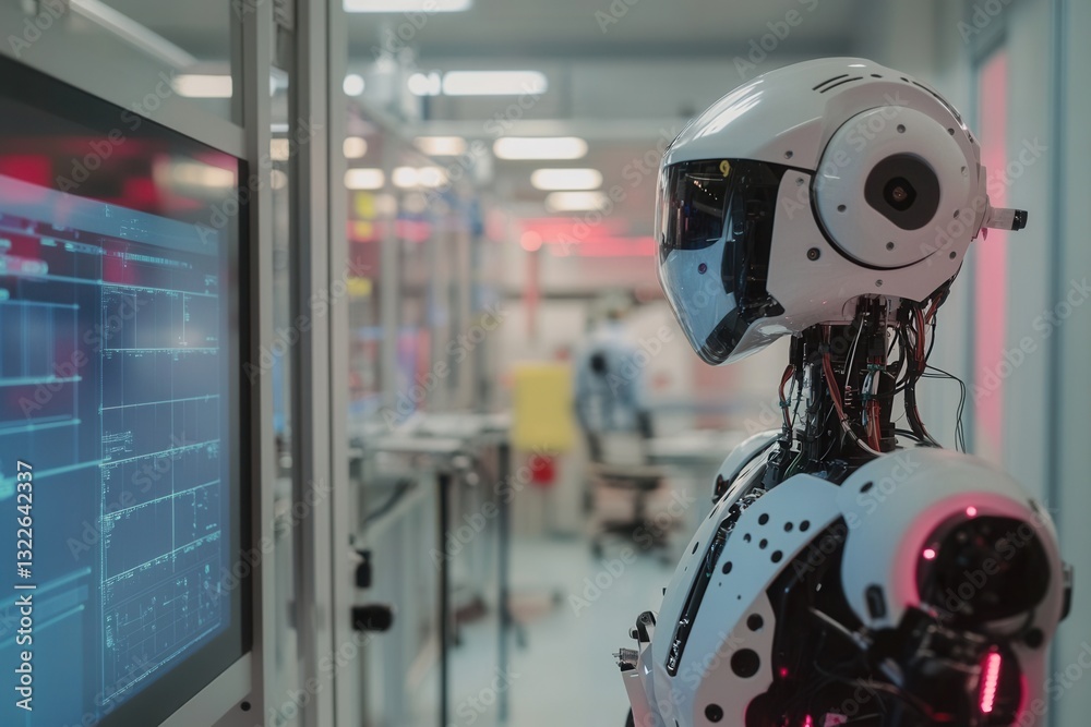 Poster robot in high-tech laboratory monitors computer screens while engaged in advanced research activity