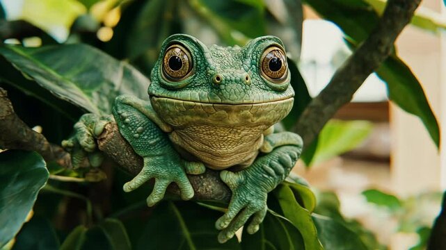 Green tree frog resting on a branch surrounded by lush leaves in a vibrant tropical setting