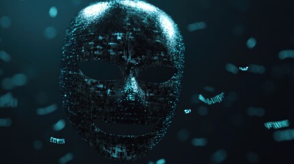 Digital Mask with Glowing Binary Code Elements in Dark Background for Cybersecurity and Technology Concept Imagery