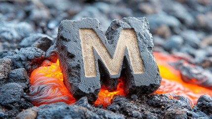 A striking image of the letter M intricately carved into black rocks, with hot red and orange lava flowing around it, creating a mesmerizing contrast between the cool, solid stone and the fiery