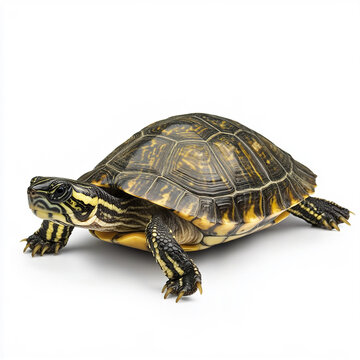 Turtle isolated on white background, showcasing detailed shell pattern