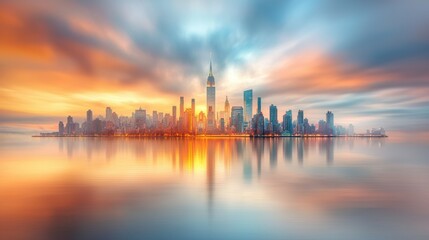 Naklejka premium The vibrant city skyline at dusk in New York City is a breathtaking sight with a dazzling array of colors as the glowing lights from the towering buildings reflect softly off the calm waters below