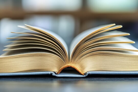 Open book with detailed pages and soft focus background view