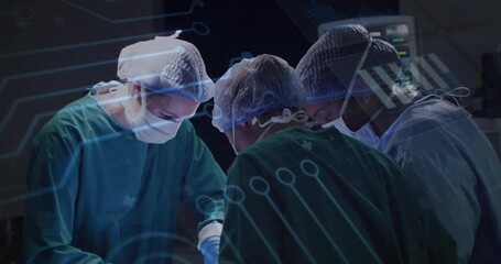 Surgeons in operating room with digital data processing animation overlay - Powered by Adobe