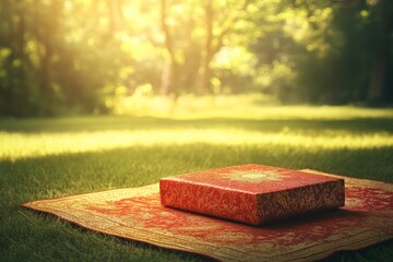 Red Decorative Box on a Rug Surrounded by Lush Green Nature