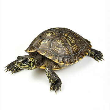 Turtle isolated on white background, showcasing detailed shell pattern