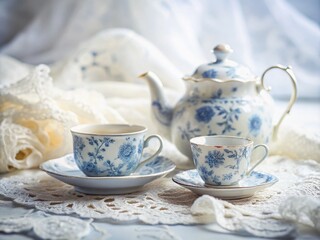 Serene Vintage Blue Floral Tea Set on Lace Tablecloth - Minimalist Photography