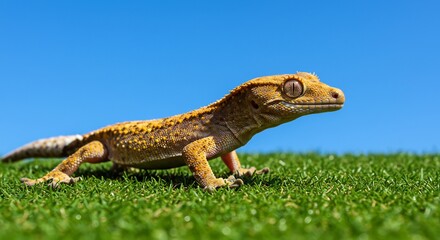 鮮やか黄金色のヤモリ 青空と緑の芝生で輝く
