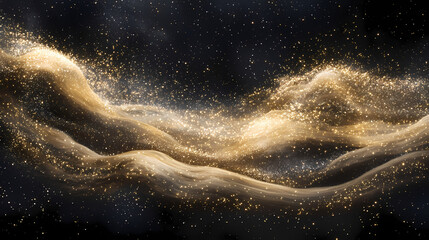 A breathtaking celestial scene captures the essence of star dust, a glowing wave of minute white and golden particles suspended in the vast expanse of space. Celestial Sparks. Illustration