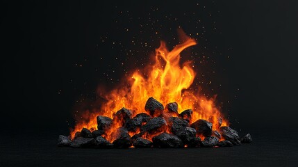 Burning coals with bright flames and glowing particles in darkness