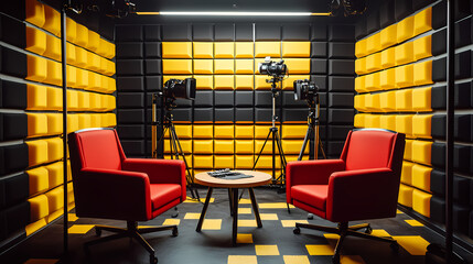 Studio Setup: A professional recording studio with vibrant yellow and black soundproofing panels, red chairs and the setting inviting creative collaboration