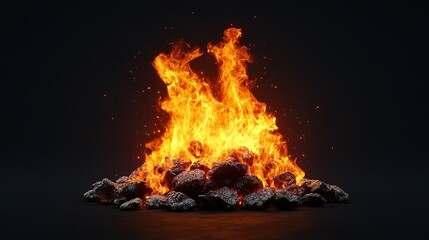 Bright orange fire burning atop dark gray pile of rocks