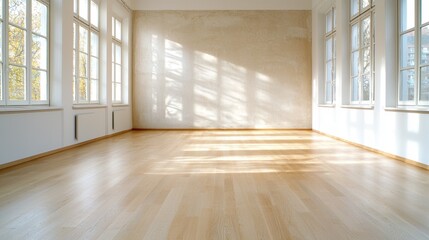 The empty room is filled with natural sunlight streaming in through the windows, casting a warm glow on the minimalistic decor