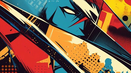 An abstract comic book style illustration with bold geometric designs