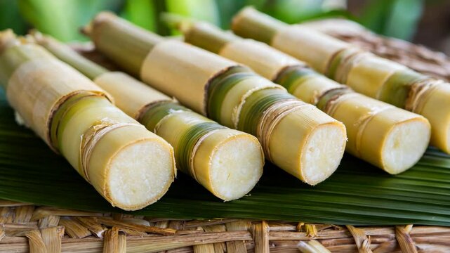 Freshly harvested sugarcane displayed on a woven basket with green leaves in the background