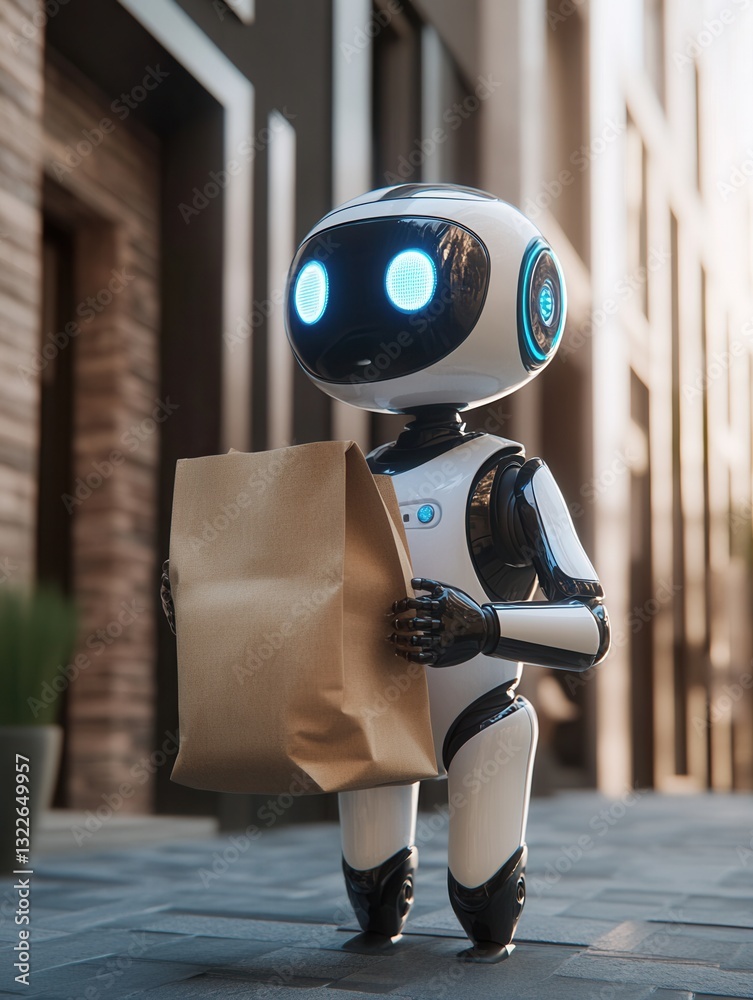Poster friendly robot delivers groceries in a futuristic smart home setting showcasing advanced technology 