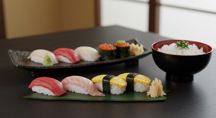 新鮮な寿司とご飯 落ち着いた照明で上品な盛り付け