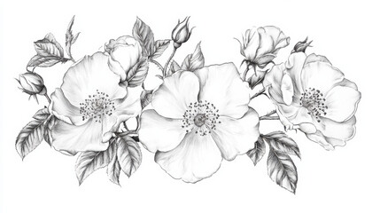 A mesmerizing ink drawing of wild roses and cherry blossoms, intricate line art with delicate hatching techniques, elegantly composed