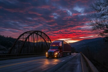 Truck Driving on a Road Under Dramatic Sunset Sky with Bridge