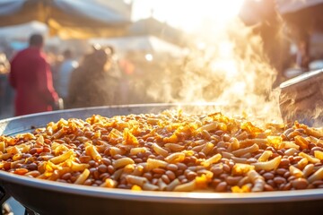 Vibrant Street Food Scene with Beans and Potato Sizzle Sunset Glow