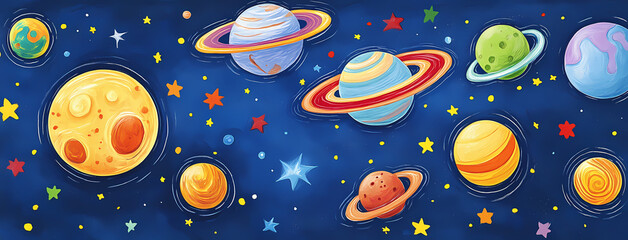 Cosmic Canvas: A vibrant and enchanting illustration of our solar system, teeming with colorful planets, stars, and celestial bodies, invites you on a whimsical journey through space. 