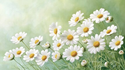 Fototapeta premium The illustration depicts a serene meadow filled with blooming chamomile flowers, swaying gently in the breeze against a lush green background.