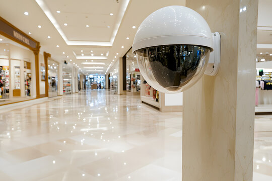 dome camera in retail environment, ceiling mounted with protective housing