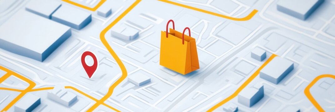 Elegant illustration of a delivery route with grocery bag icon and location pins for seamless navigation and planning