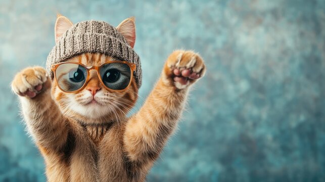 A stylish feline wearing trendy sunglasses and a fashionable hat is striking a pose while taking a selfie with a camera.
