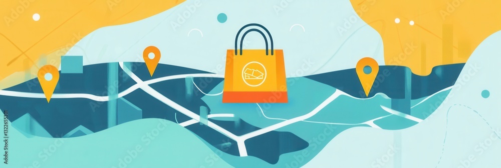 Poster delivery route map illustration featuring grocery bag icon and location pins in a clean and modern d