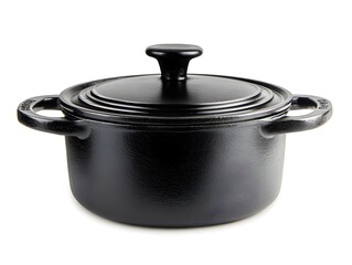 Black cast iron pot with a smooth finish and sturdy handle isolated on a bright white background for cooking use