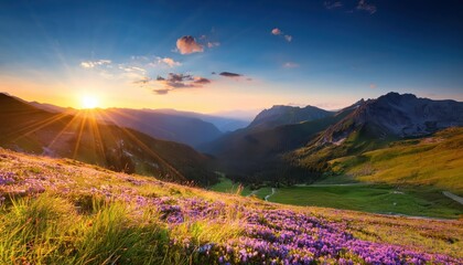 Fototapeta premium Serene Mountain Valley Sunset A Spectacular Alpine Panorama Bathed in Warm Glows, Capturing Tranquility and Majesty as the Day Fades into Twilight.