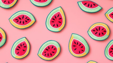 Pattern of stitched watermelon slices arranged on a pink surface