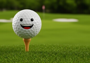 Happy Golf Ball on Tee, Ready to Play